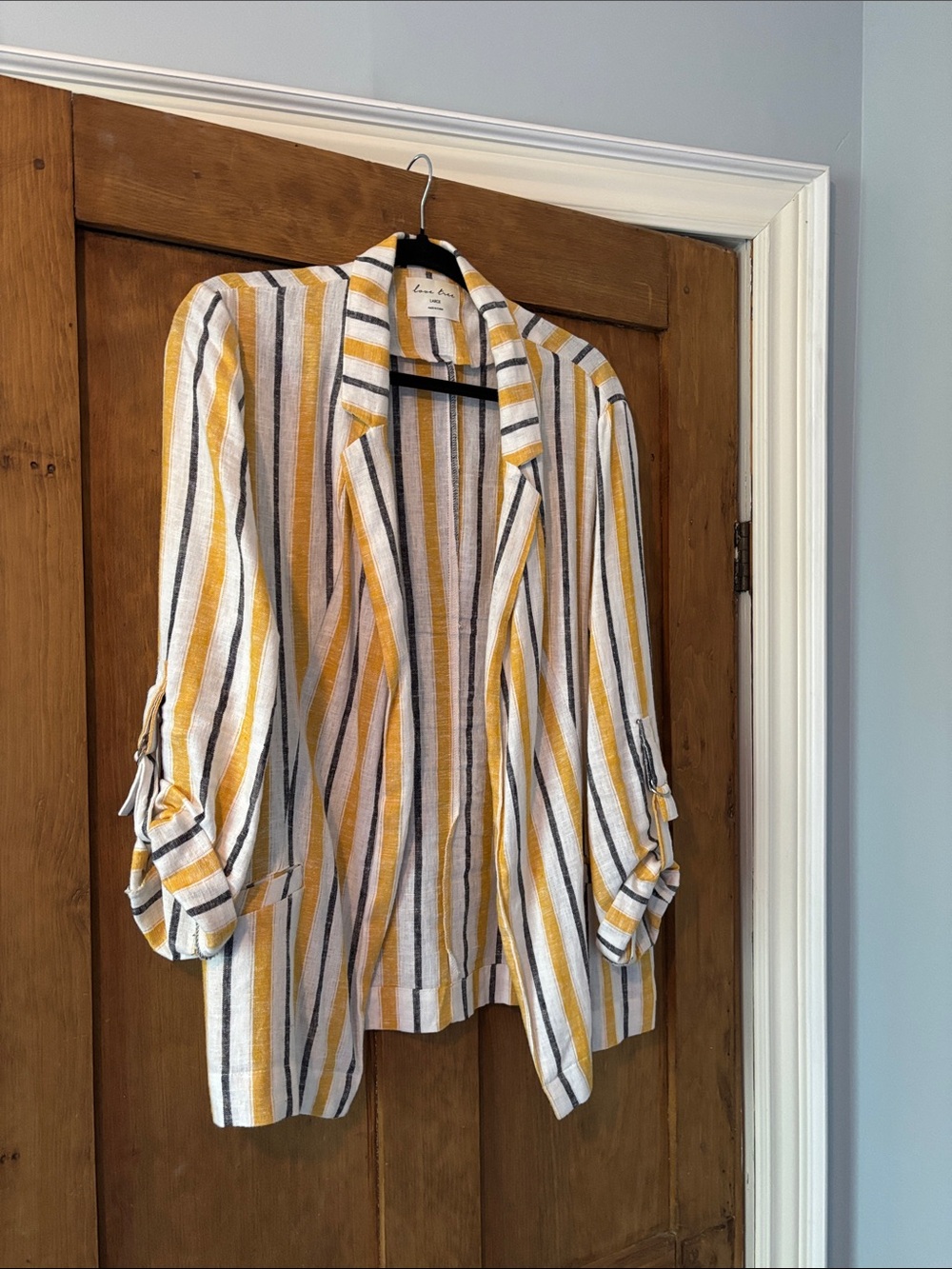 Love Tree Striped Open Blazer in White, Yellow & Black